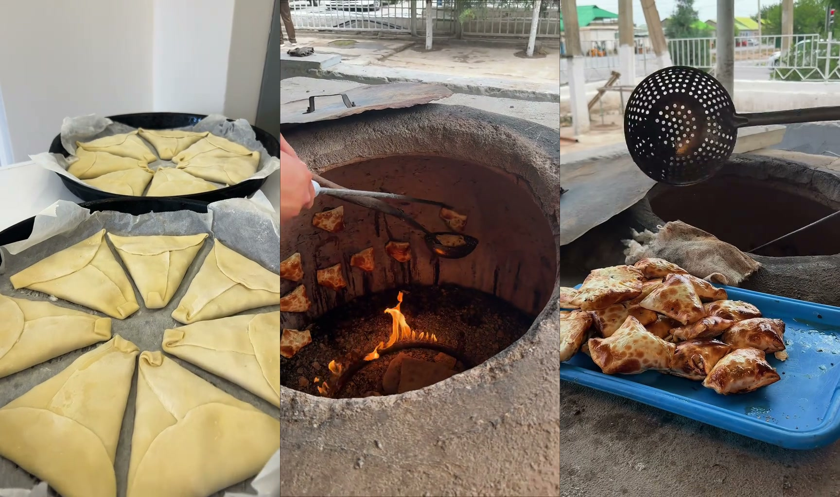 [IMAGE: freshly baked somsa pastries with layered flaky crust cooling on a tray outside a bakery in Ashgabat]