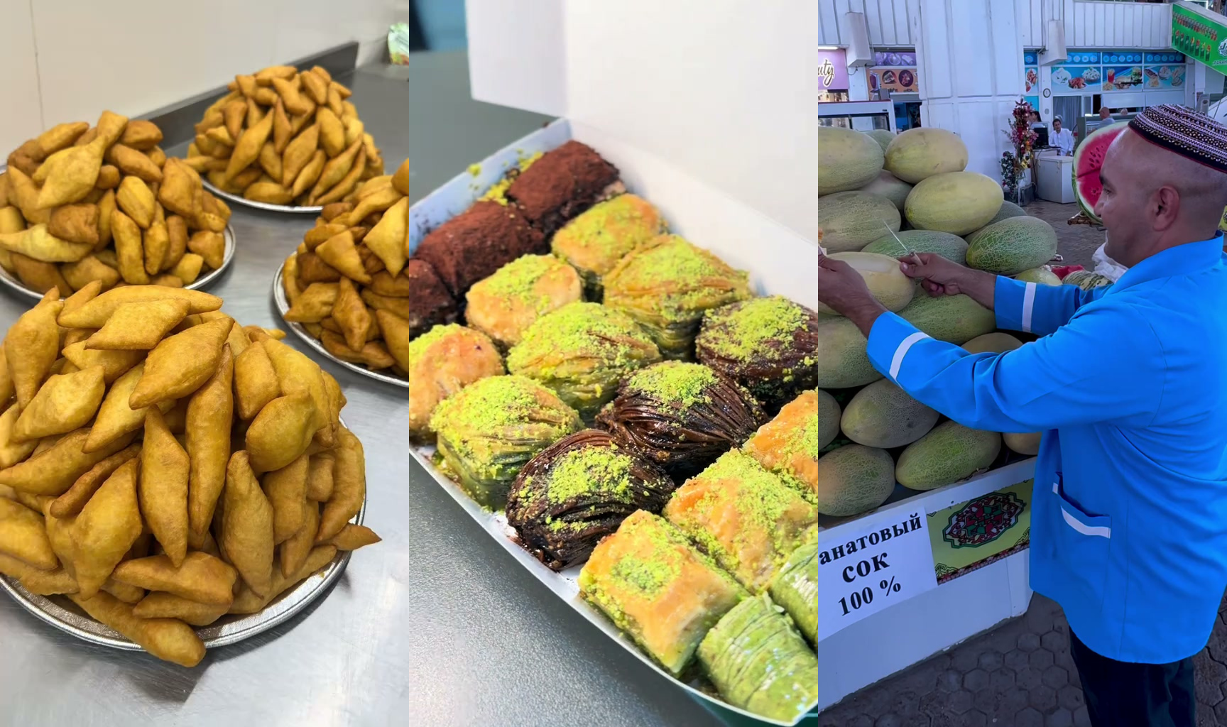[IMAGE: pişme fried diamond breads, pahklava pastry, and sliced Turkmen melon arranged on a table in Turkmenistan]